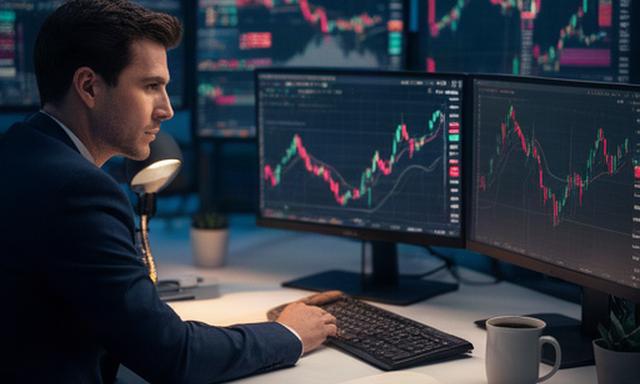 Trader profesional analizando pares de divisas en una mesa de trabajo iluminada